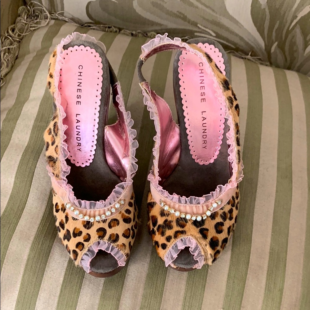 Chinese Laundry Leopard Peep Toe Heels with Pink Trim